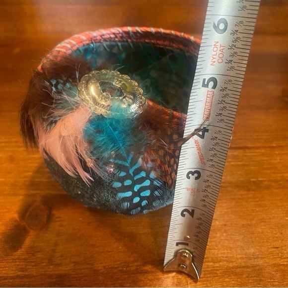 Basket Gourd with Raku finish - Artist made by Martha Cline Turquoise Feathers - Picture 12 of 13
